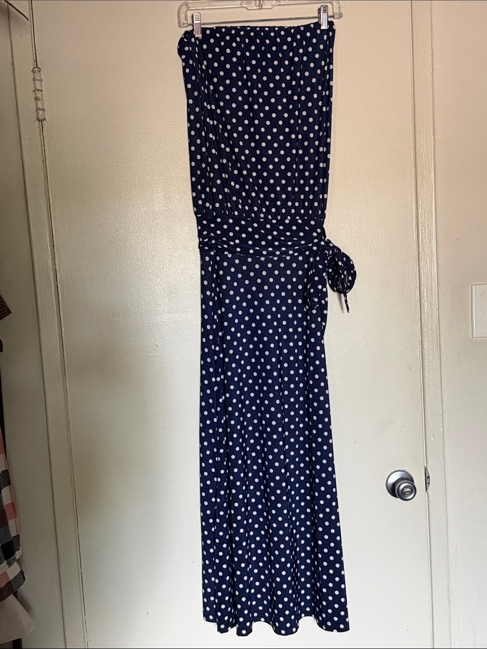 Veronica M XS Navy and White Polka Dot Strapless Dress w/ Side Tie
